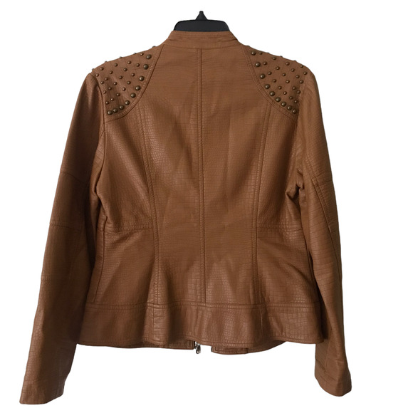V Cristina Jacket Womens Medium Brown Camel Faux Leather Studded Textured - Picture 3 of 12